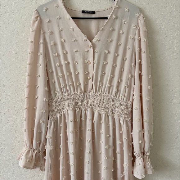 Light Khaki Swiss Dot Maxi Dress Smocked Waist - Picture 3 of 12